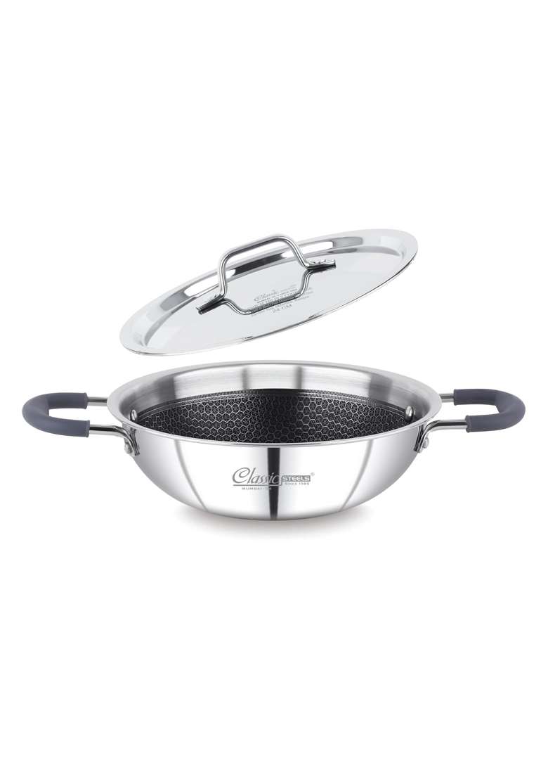 Classic Steels Hexa Comb Triply Kadai Wok with Steel Lid | 2.5 L | 2.6 Qt | 24 cm | 9.4 Inch | Induction Compatible | Non-Stick - Indya