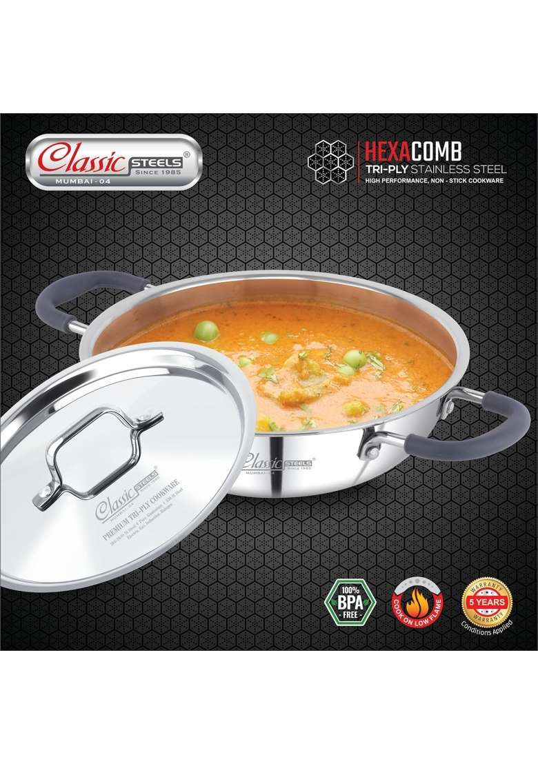 Classic Steels Hexa Comb Triply Kadai Wok with Steel Lid | 2.5 L | 2.6 Qt | 24 cm | 9.4 Inch | Induction Compatible | Non-Stick - Indya