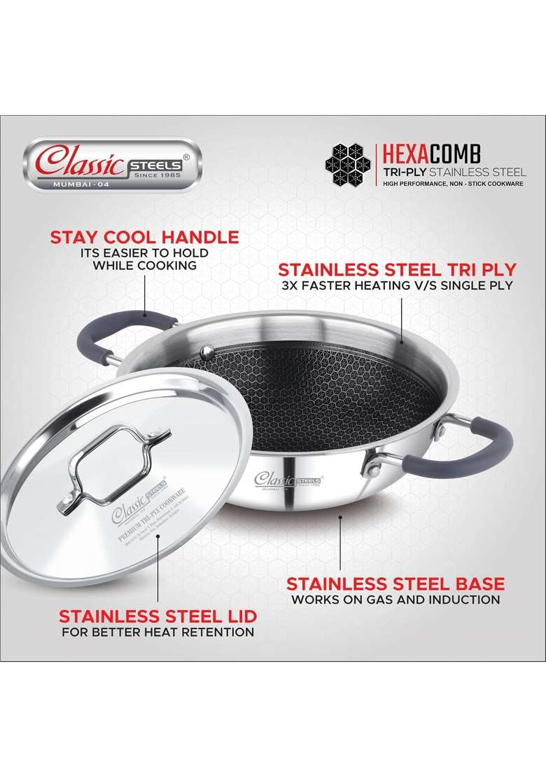 Classic Steels Hexa Comb Triply Kadai Wok with Steel Lid | 2.5 L | 2.6 Qt | 24 cm | 9.4 Inch | Induction Compatible | Non-Stick - Indya