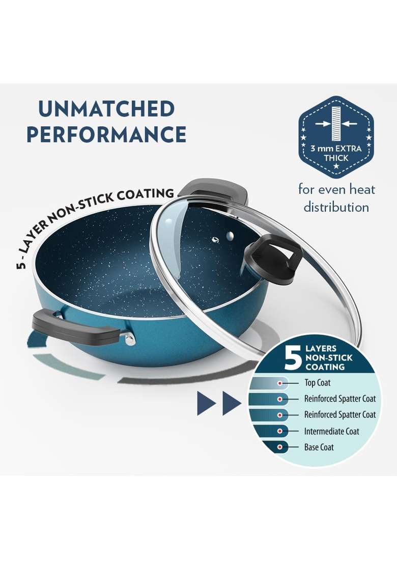 Borosil ProChef Non-Stick Aluminum Kadhai Wok with Lid | 26 cm | 10.2 Inch | Dishwasher Safe | PFOA Free - Indya