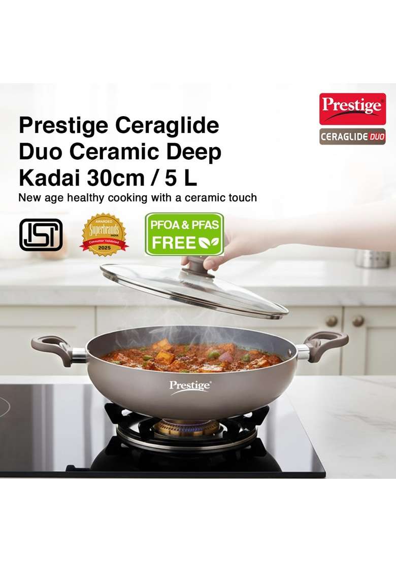 Prestige Ceraglide Duo Deep Kadai Wok with Lid Non-Stick Ceramic Coating | 5 L | 5.3 Qt | 30 cm | 11.8 Inch | Induction Compatible - Indya
