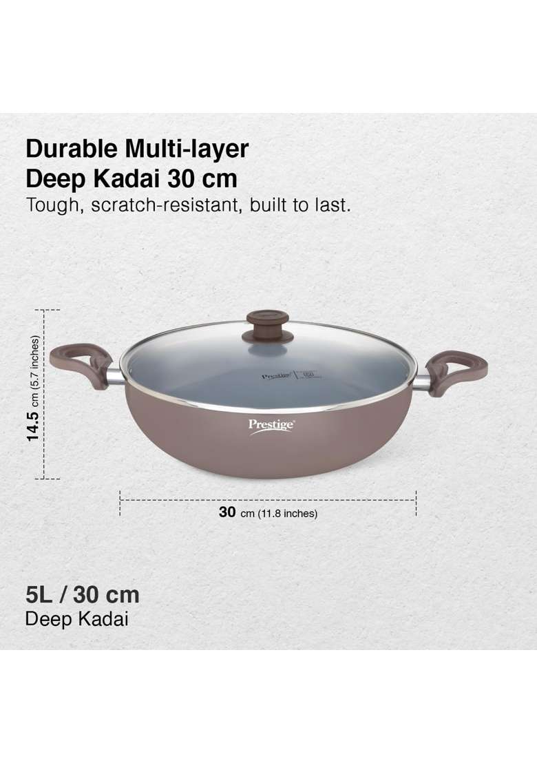 Prestige Ceraglide Duo Deep Kadai Wok with Lid Non-Stick Ceramic Coating | 5 L | 5.3 Qt | 30 cm | 11.8 Inch | Induction Compatible - Indya