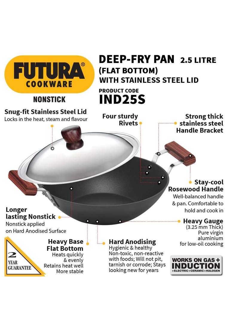 Hawkins Futura Deep Fry Pan | 2.5 L | 2.6 Qt | Induction Compatible | Non-Stick | With Lid - Indya