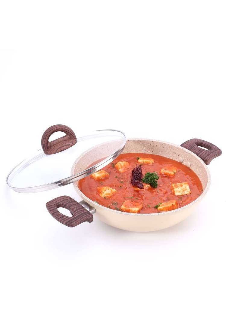 Wonderchef Duralife Die-cast Non-Stick Kadhai Wok with Glass Lid for Kitchen | 24 cm | 9.4 Inch | Induction Compatible | PFOA Free | Non-Toxic - Indya