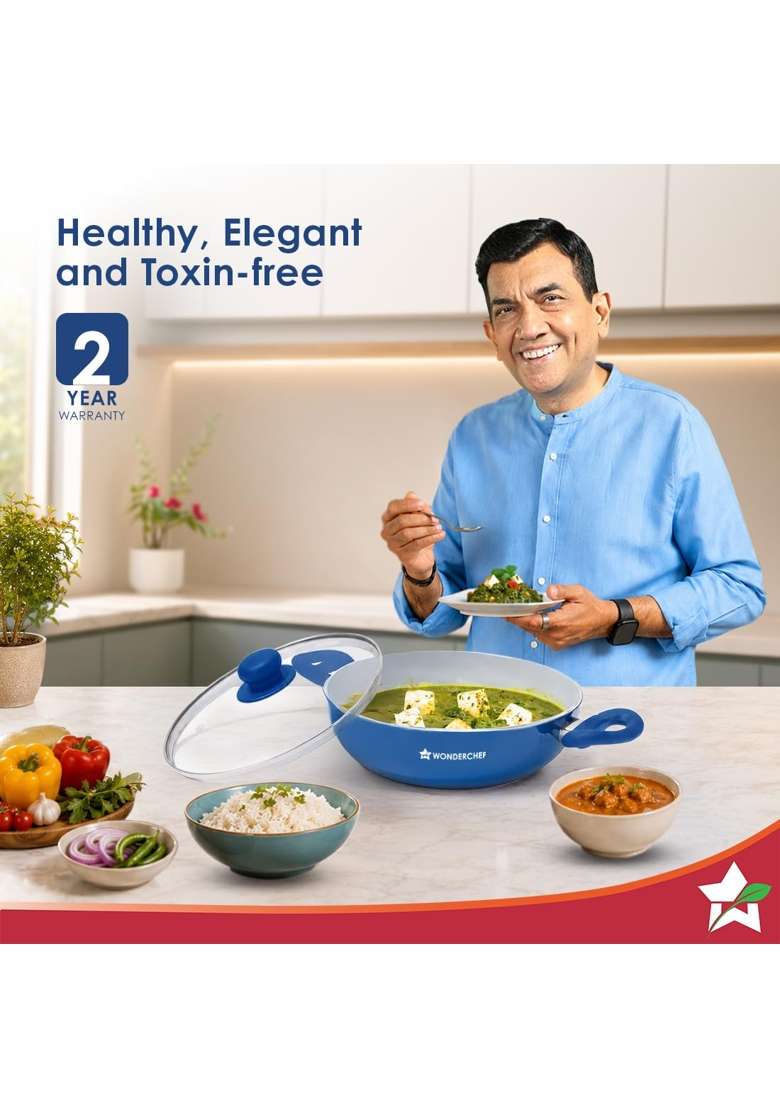 Wonderchef Natura Ceramic Kadhai Wok and Glass Lid for Cooking | 2.5 L | 2.6 Qt | 24 cm | 9.4 Inch | Induction Compatible | PFOA Free | Non-Toxic - Indya