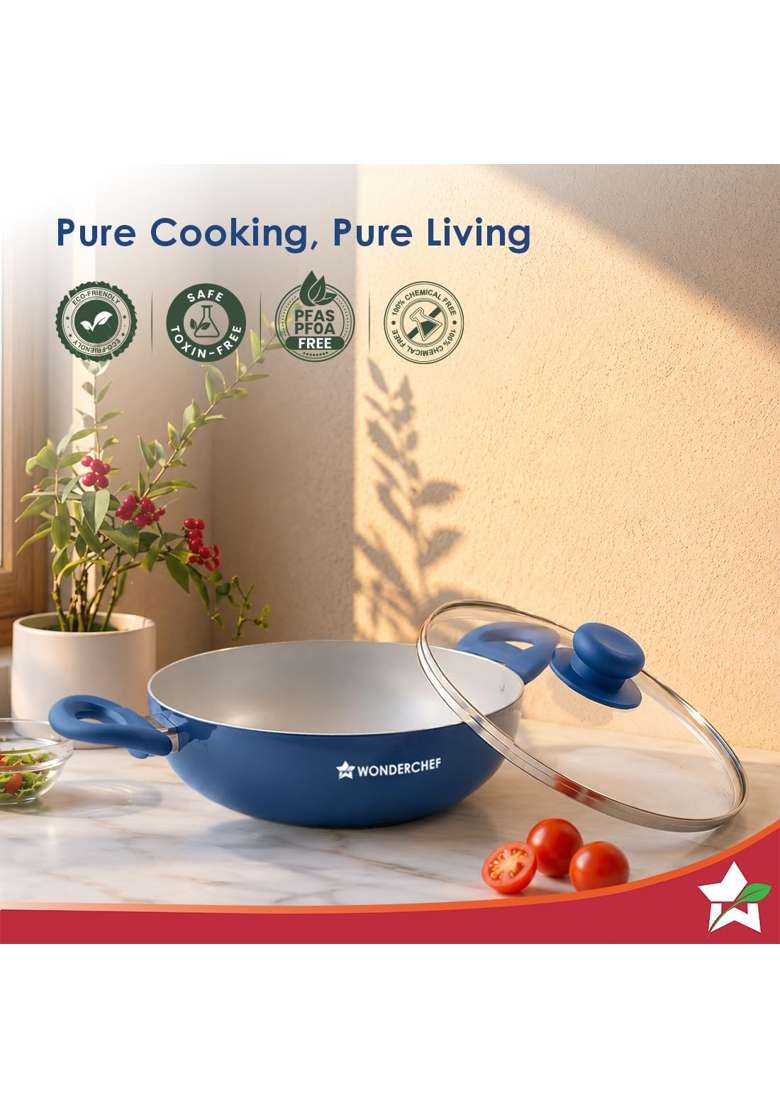 Wonderchef Natura Ceramic Kadhai Wok and Glass Lid for Cooking | 2.5 L | 2.6 Qt | 24 cm | 9.4 Inch | Induction Compatible | PFOA Free | Non-Toxic - Indya