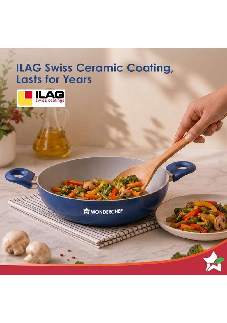 Wonderchef Natura Ceramic Kadhai Wok and Glass Lid for Cooking | 2.5 L | 2.6 Qt | 24 cm | 9.4 Inch | Induction Compatible | PFOA Free | Non-Toxic - Indya