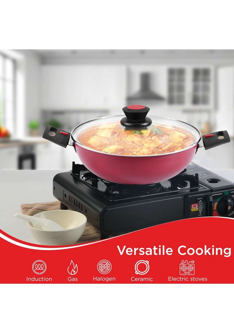 Vinod Popular Aluminium Non Stick Kadai Wok with Detachable | 2.5 L | 2.6 Qt | 24 cm | 9.4 Inch | Induction Compatible | With Lid - Indya