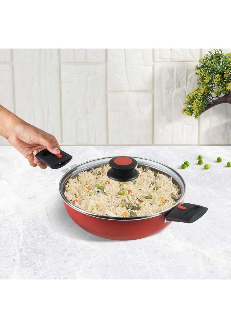 Vinod Popular Aluminium Non Stick Kadai Wok with Detachable | 2.5 L | 2.6 Qt | 24 cm | 9.4 Inch | Induction Compatible | With Lid - Indya