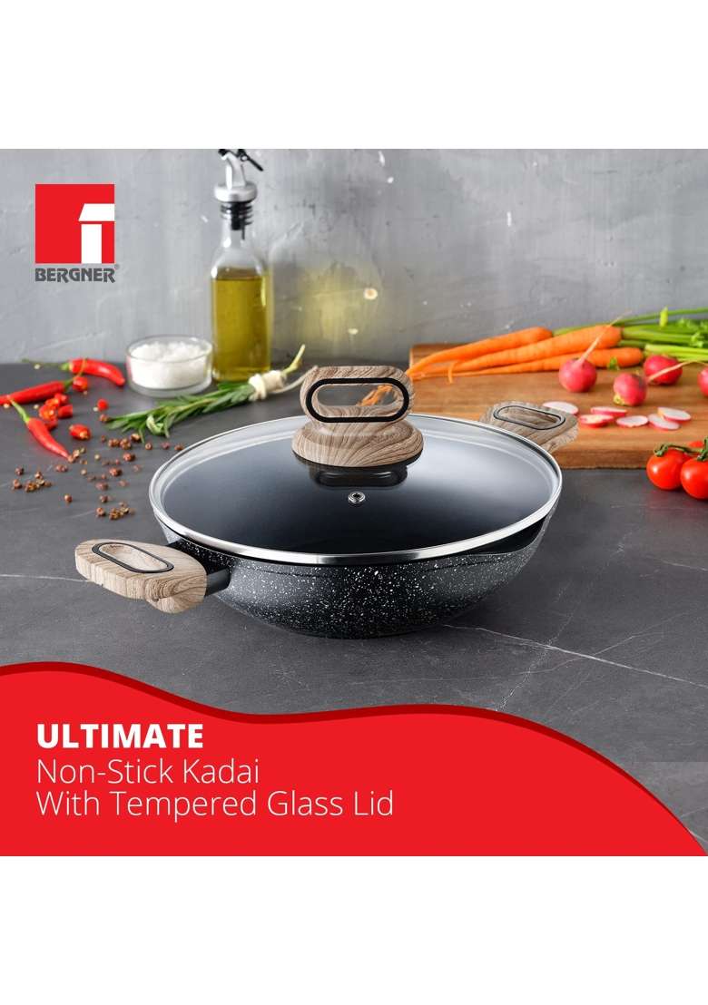 BERGNER Ultimate Non-Stick Kadai Wok with Glass Lid | 2 L | 2.1 Qt | 24 cm | 9.4 Inch | Induction Compatible | Food Safe - Indya