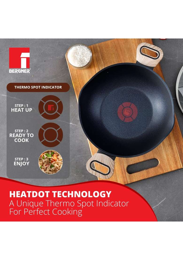 BERGNER Ultimate Non-Stick Kadai Wok with Glass Lid | 2 L | 2.1 Qt | 24 cm | 9.4 Inch | Induction Compatible | Food Safe - Indya