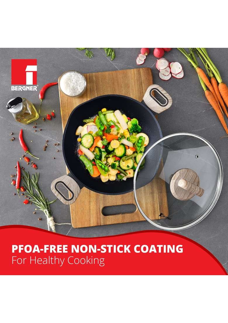 BERGNER Ultimate Non-Stick Kadai Wok with Glass Lid | 2 L | 2.1 Qt | 24 cm | 9.4 Inch | Induction Compatible | Food Safe - Indya