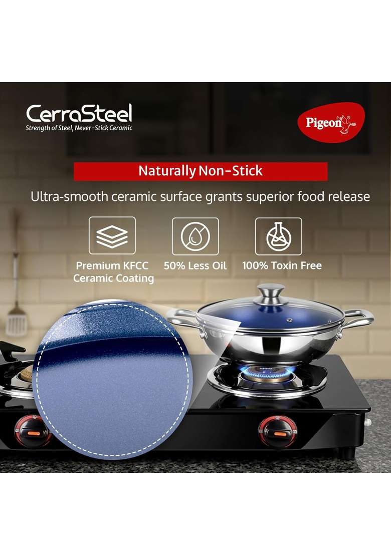Pigeon Cerrasteel Ceramic Kadai Wok | 24 cm | 9.4 Inch | Non-Stick - Indya