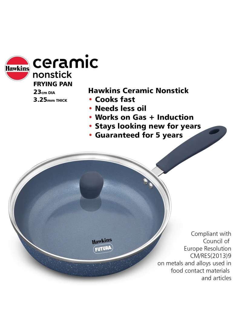 Hawkins Ceramic Nonstick Frying Pan | 23 cm | 9.1 Inch | Induction Compatible | With Lid - Indya