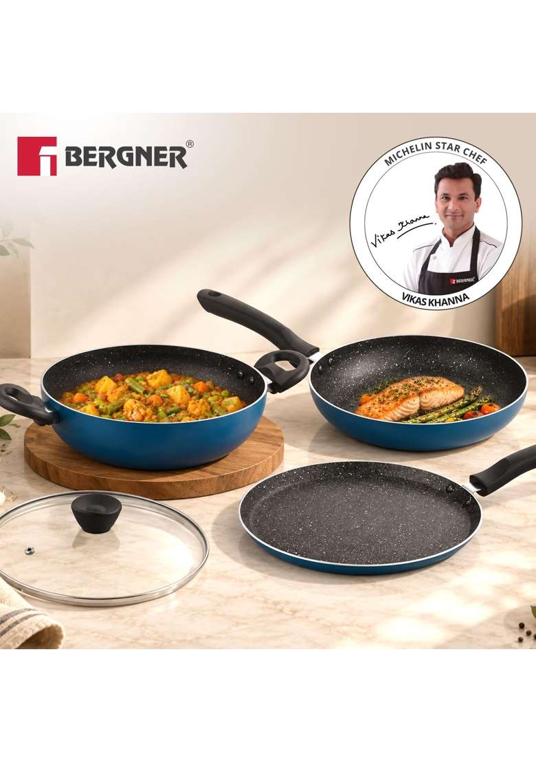 BERGNER Aloe Non-Stick Cookware Set | 2.5 L | 2.6 Qt | 24 cm | 9.4 Inch | 4-Piece Set | Induction Compatible | PFOA Free | With Lid - Indya