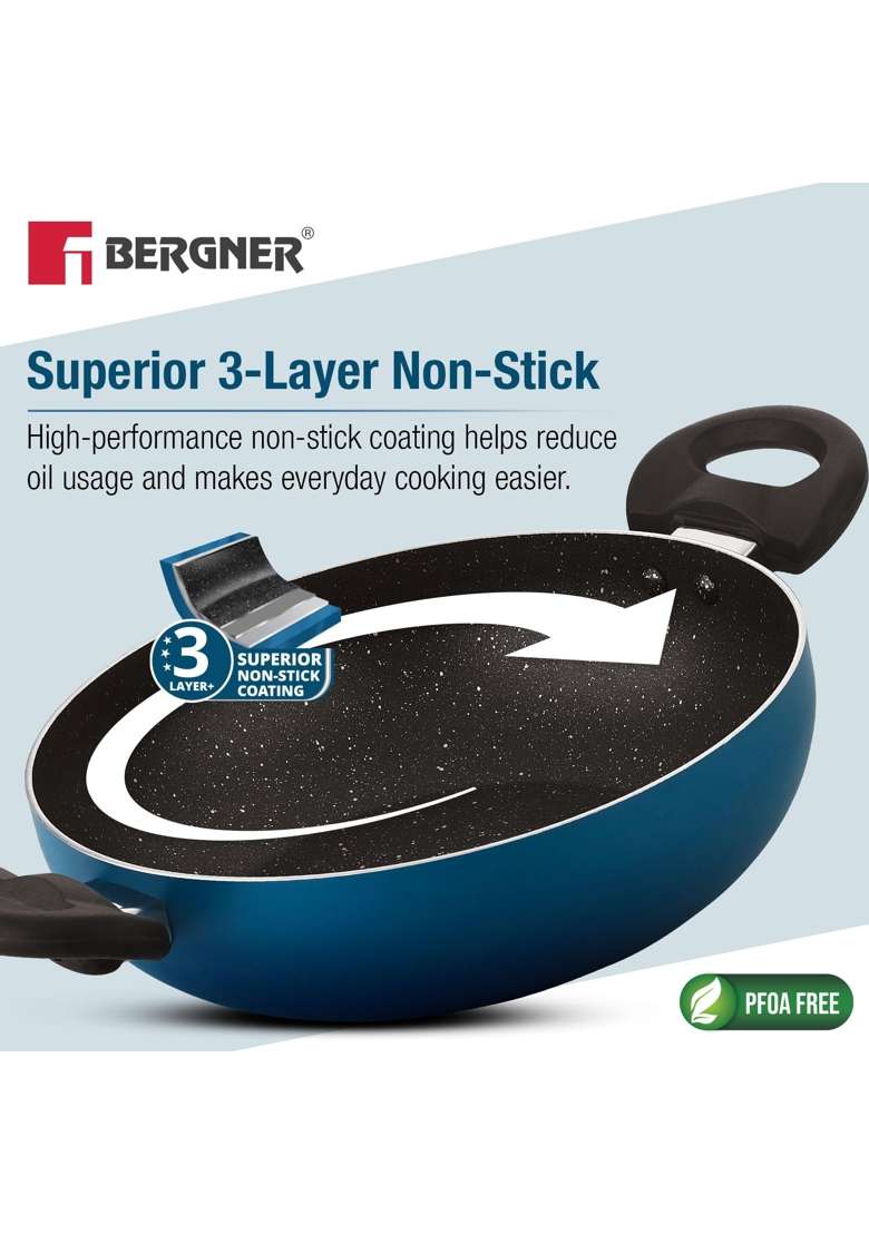 BERGNER Aloe Non-Stick Cookware Set | 2.5 L | 2.6 Qt | 24 cm | 9.4 Inch | 4-Piece Set | Induction Compatible | PFOA Free | With Lid - Indya