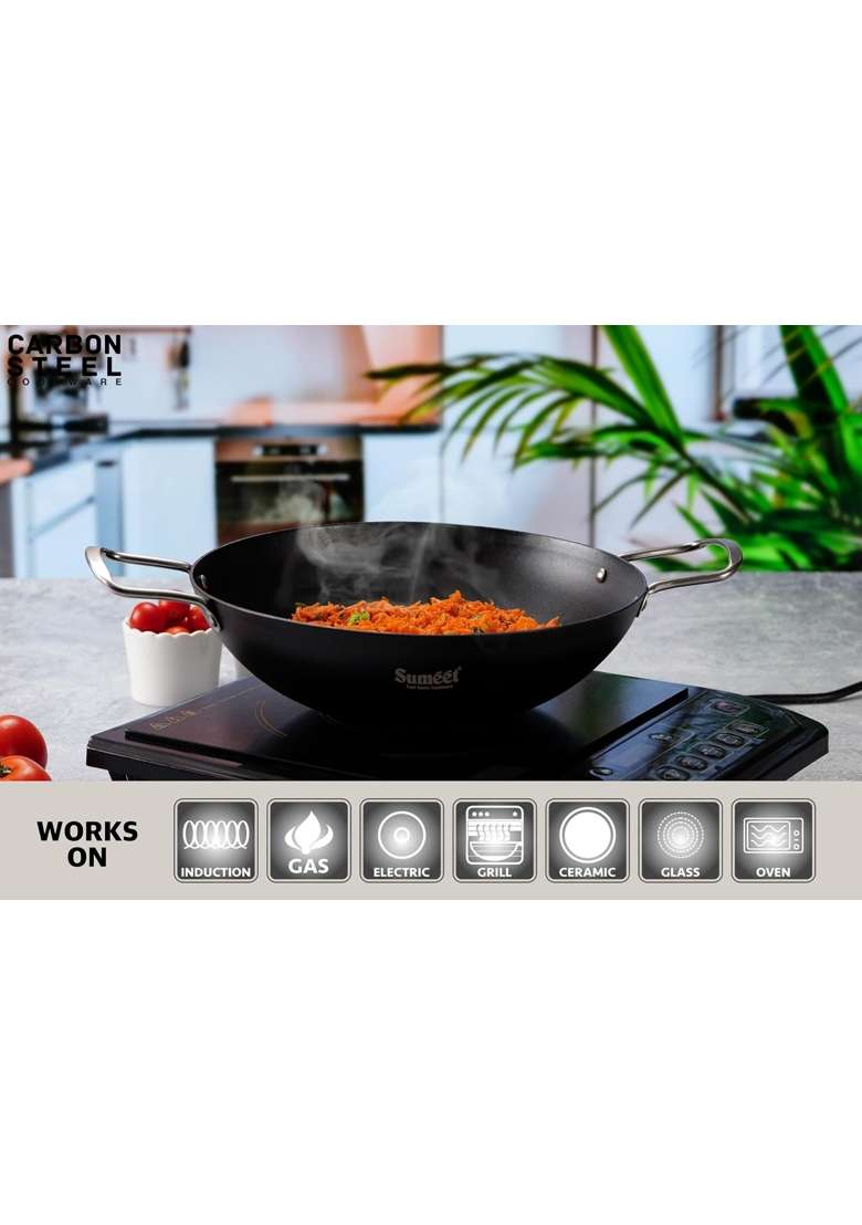 Sumeet Super Smooth Pre Seasoned Carbon Steel | 3500 ml | 118.3 fl oz | 29.6 cm | 11.7 Inch | Induction Compatible | Non-Stick - Indya