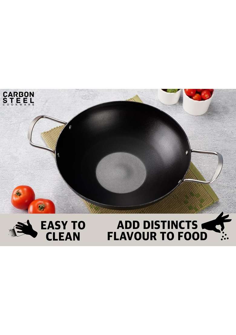 Sumeet Super Smooth Pre Seasoned Carbon Steel | 3500 ml | 118.3 fl oz | 29.6 cm | 11.7 Inch | Induction Compatible | Non-Stick - Indya