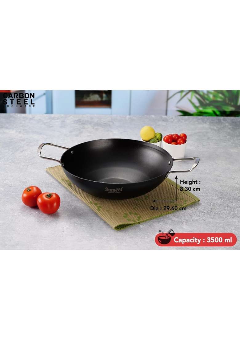 Sumeet Super Smooth Pre Seasoned Carbon Steel | 3500 ml | 118.3 fl oz | 29.6 cm | 11.7 Inch | Induction Compatible | Non-Stick - Indya