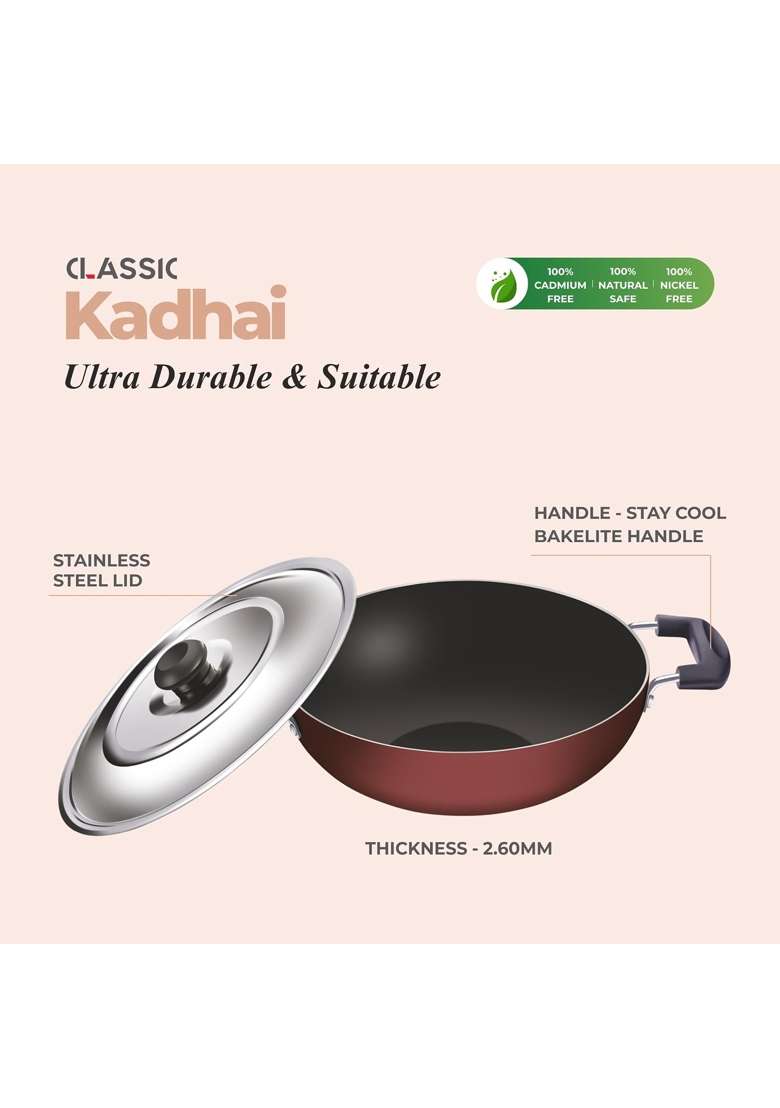 GLOBE Classic Aluminium Kadhai Wok with Glass Lid | 0.5 L | 0.5 Qt | 20 cm | 7.9 Inch | Induction Compatible | Non-Stick - Indya