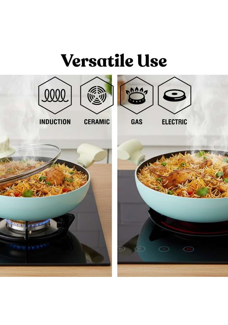 ANJALI Kitchenware Santorini Kadai Wok with Glass Lid | 2 L | 2.1 Qt | Induction Compatible | Non-Stick - Indya