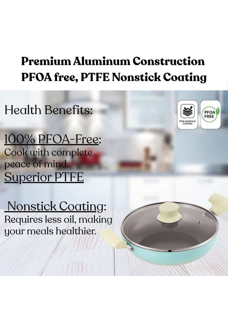 ANJALI Kitchenware Santorini Kadai Wok with Glass Lid | 2 L | 2.1 Qt | Induction Compatible | Non-Stick - Indya