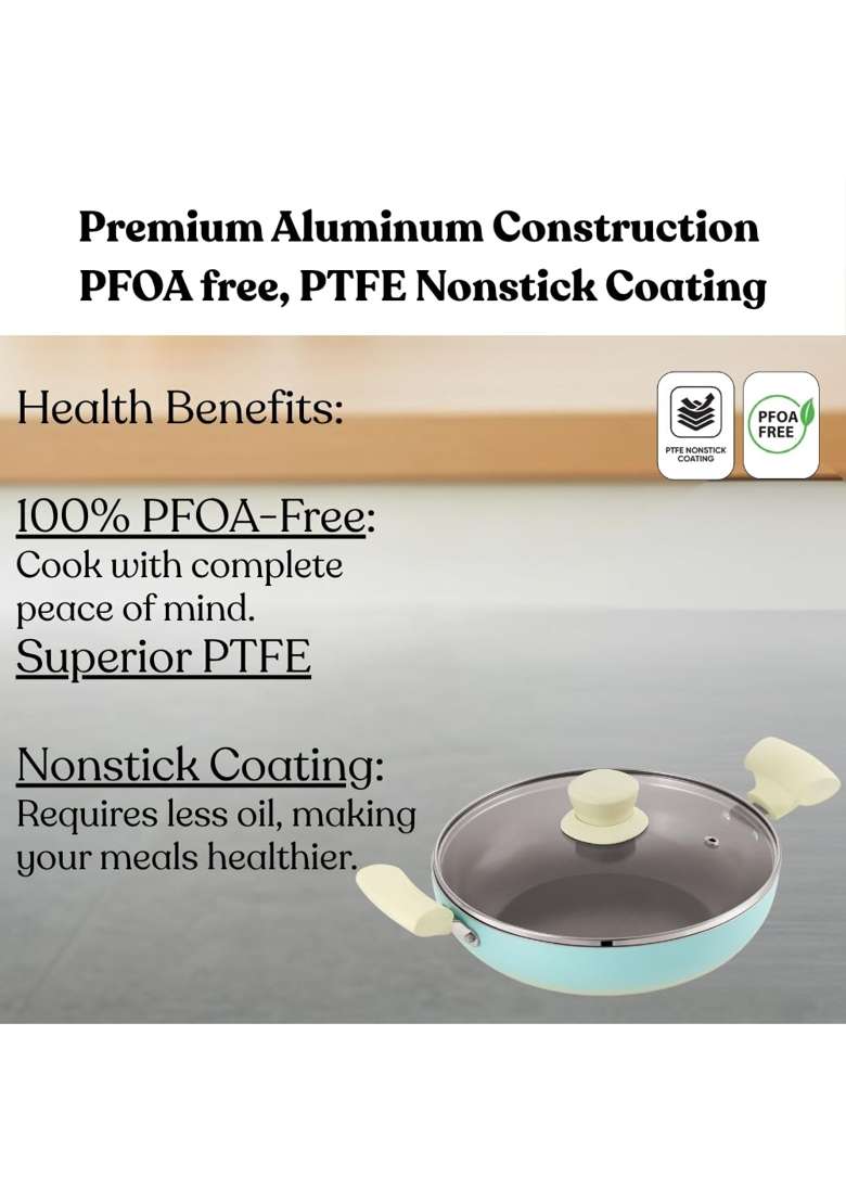 ANJALI Kitchenware Santorini Kadai Wok with Glass Lid | 2 L | 2.1 Qt | Induction Compatible | Non-Stick - Indya