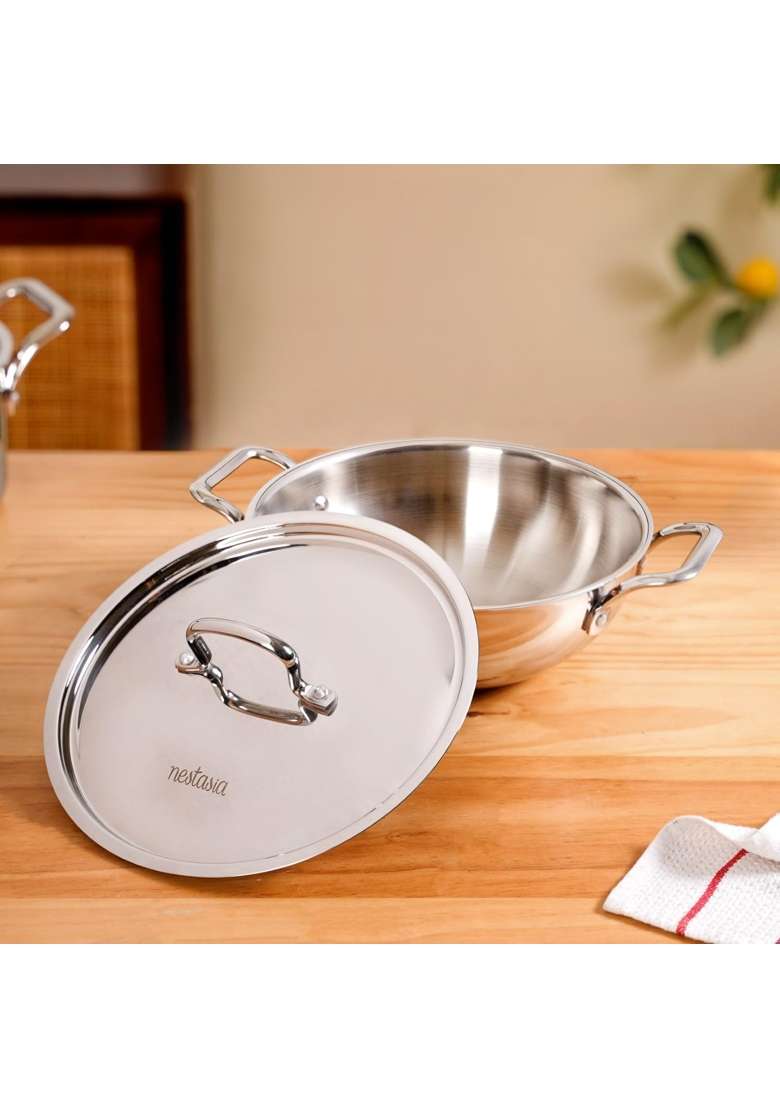 Nestasia TriPly Stainless Steel Kadai Wok with Lid | 3000 ml | 101.4 fl oz | Induction Compatible | Non-Stick - Indya
