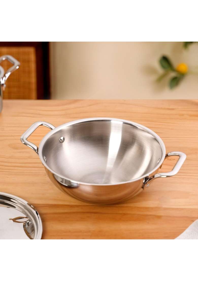 Nestasia TriPly Stainless Steel Kadai Wok with Lid | 3000 ml | 101.4 fl oz | Induction Compatible | Non-Stick - Indya