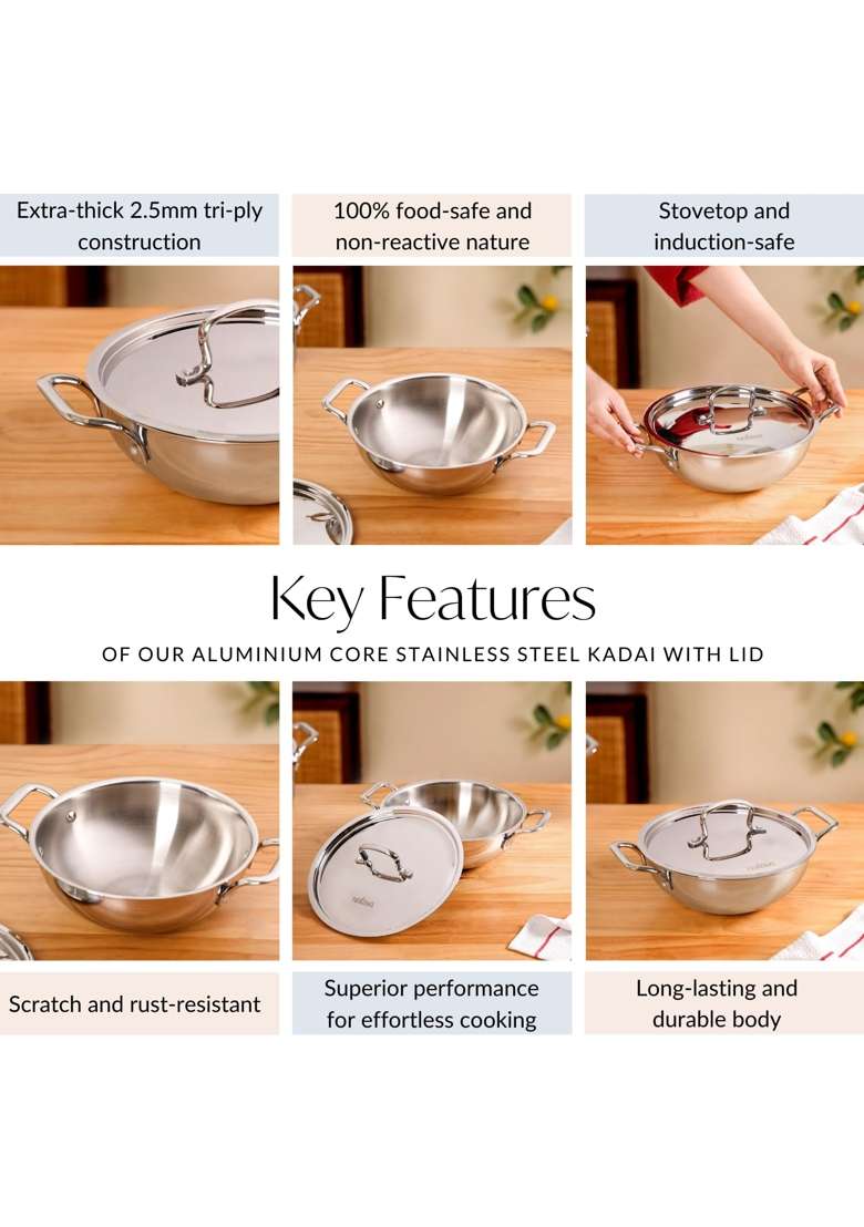 Nestasia TriPly Stainless Steel Kadai Wok with Lid | 3000 ml | 101.4 fl oz | Induction Compatible | Non-Stick - Indya