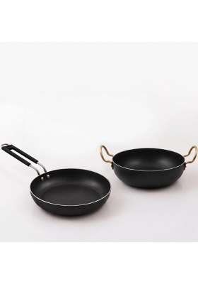 DOZY Iron Non-Stick Frying Pan and Kadai Wok Cookware Set | 2-Piece Set | Induction Compatible