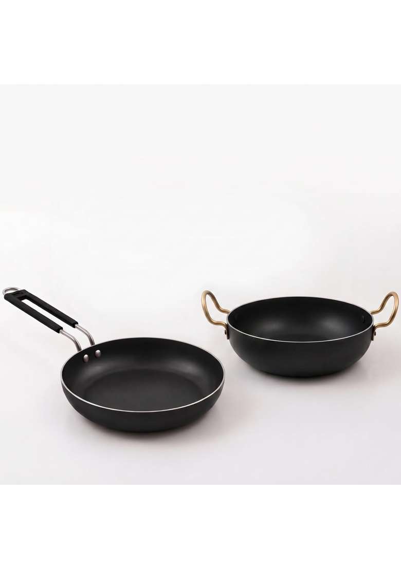 DOZY Iron Non-Stick Frying Pan and Kadai Wok Cookware Set | 2-Piece Set | Induction Compatible - Indya