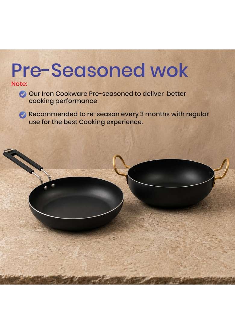 DOZY Iron Non-Stick Frying Pan and Kadai Wok Cookware Set | 2-Piece Set | Induction Compatible - Indya