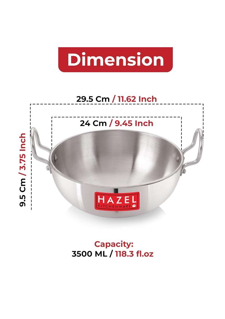 HAZEL Aluminium Kadai Wok with Handle Capacity | 3500 ml | 118.3 fl oz | 24 cm | 9.4 Inch - Indya