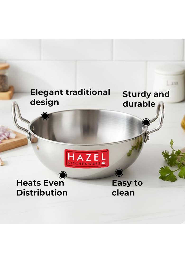 HAZEL Aluminium Kadai Wok with Handle Capacity | 3500 ml | 118.3 fl oz | 24 cm | 9.4 Inch - Indya