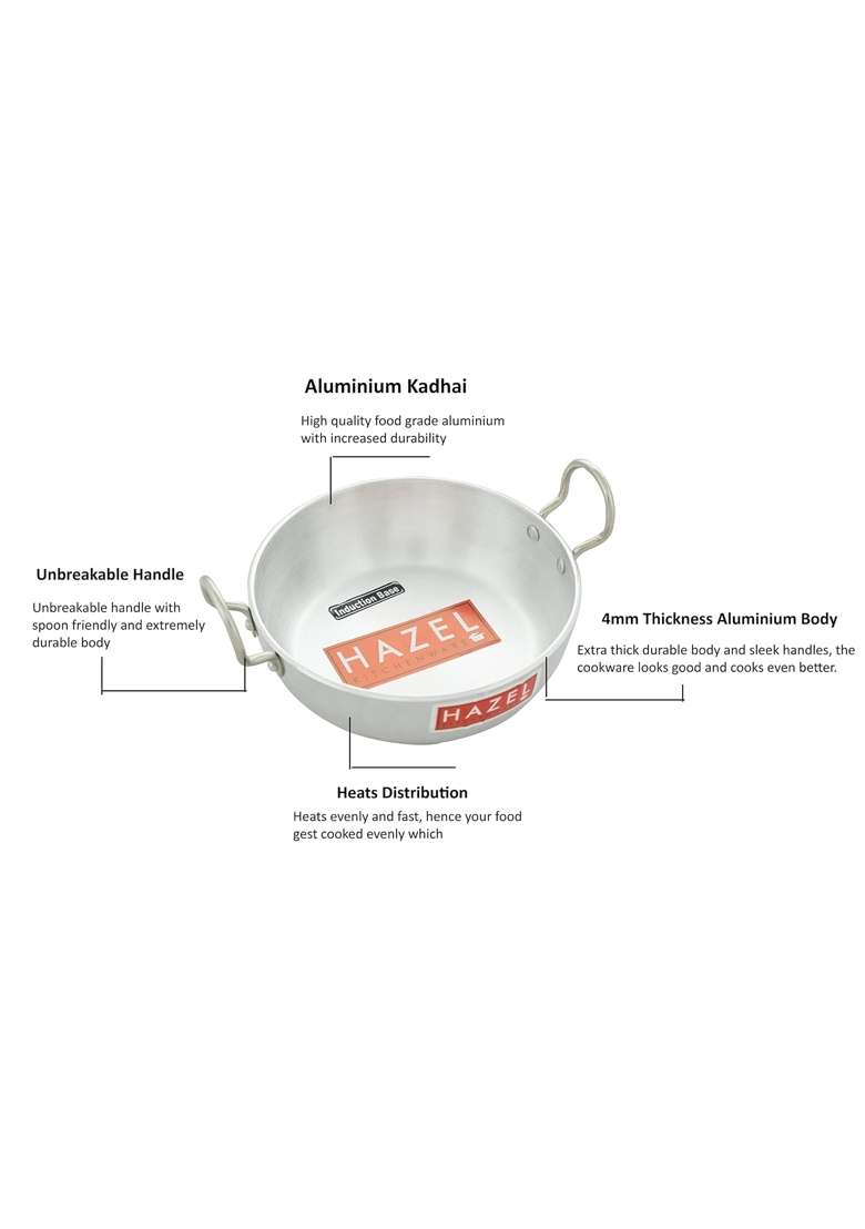 HAZEL Aluminium Induction Base Kadai Wok Kadhai with Handle | 3000 ml | 101.4 fl oz - Indya