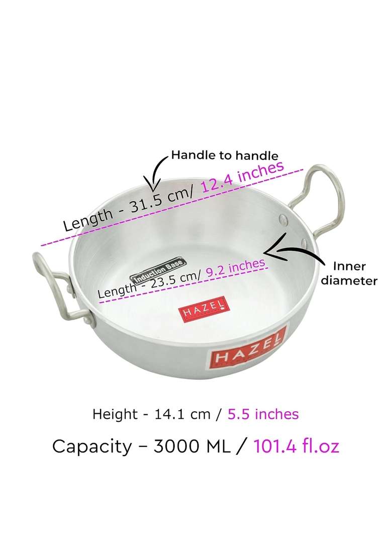 HAZEL Aluminium Induction Base Kadai Wok Kadhai with Handle | 3000 ml | 101.4 fl oz - Indya