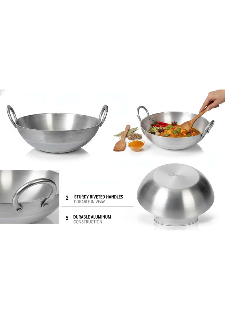 SHIFA CRAFT Aluminium Kadhai Wok Premium Range of Aluminum Deep Kadai | 2 L | 2.1 Qt | Non-Stick - Indya