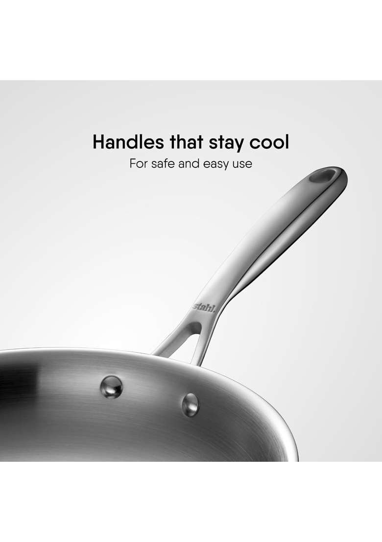 stahl Artisan Triply Stainless Steel Fry Pan with Lid | 1.6 L | 1.7 Qt | 24 cm | 9.4 Inch | Induction Compatible - Indya