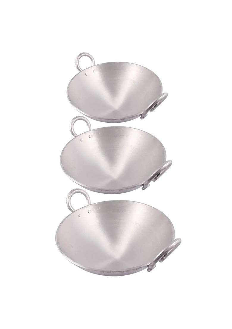 Super HK Kitchenware Kitchen Cooking Utensil Combo Set of Aluminium Kadhai Wok | 10 Inch | Pack of 3 - Indya
