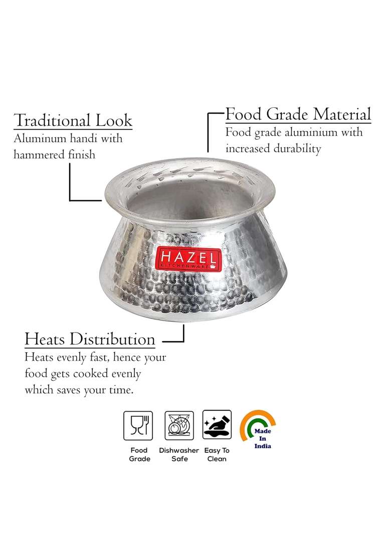 HAZEL Aluminium Hammered Finish Kadhai Wok Handi with Lid | 1 L | 1.1 Qt | Food Safe - Indya