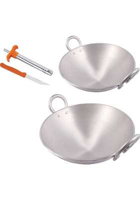 KITCHEN SHOPEE 2 PES Aluminium Kadai Wok Kadhai Heavy Base Deep Frying Pan for Daily Cooking | 3.5 L | 3.7 Qt