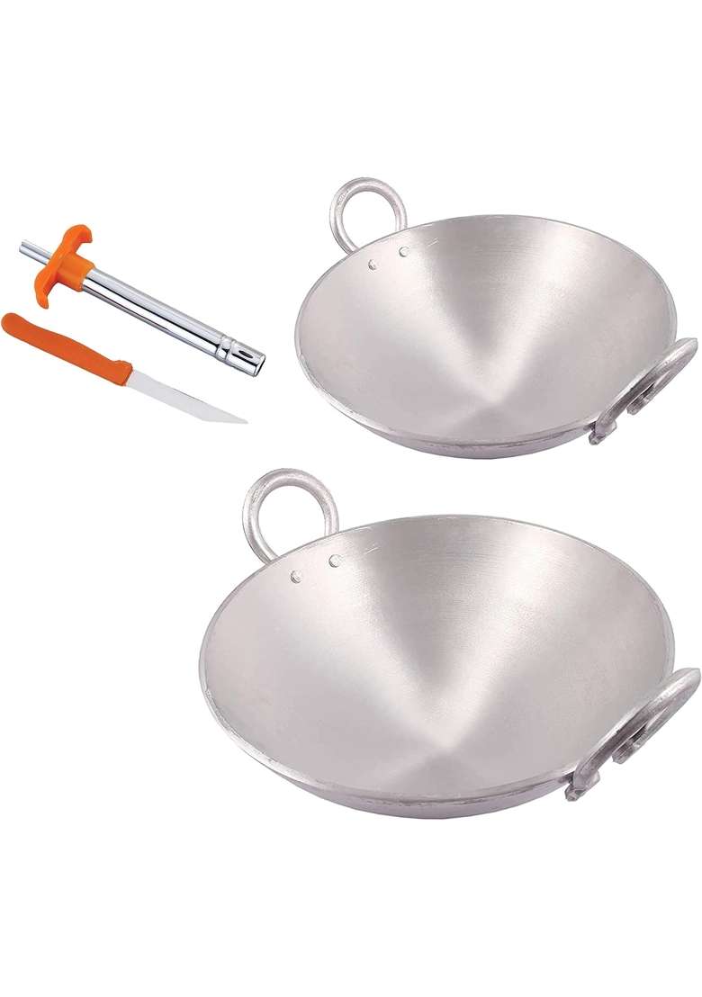 KITCHEN SHOPEE 2 PES Aluminium Kadai Wok Kadhai Heavy Base Deep Frying Pan for Daily Cooking | 3.5 L | 3.7 Qt - Indya