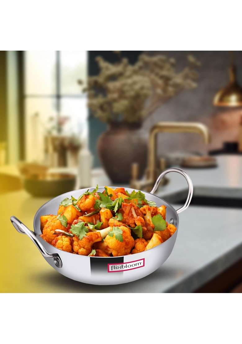 FLIXBLOOM Credible Kitchen Cookware Kadhai Wok with Handle Thick Aluminium Induction Base | 5.5 L | 5.8 Qt - Indya