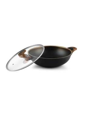 Shri and Sam Shri and Sam Non-Stick Aluminium Kadhai Wok with Glass Lid Eliza | 28 cm | 11 Inch