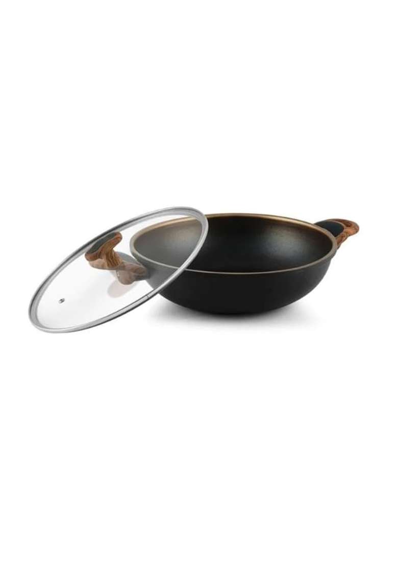 Shri and Sam Shri and Sam Non-Stick Aluminium Kadhai Wok with Glass Lid Eliza | 28 cm | 11 Inch - Indya