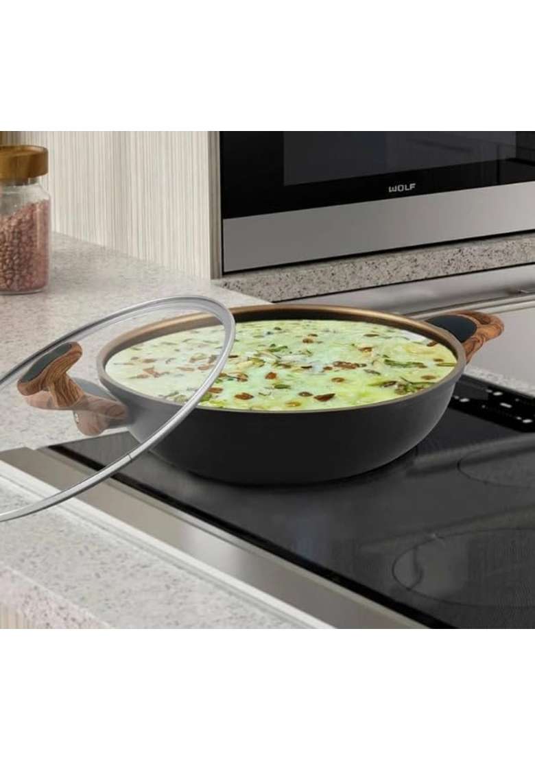 Shri and Sam Shri and Sam Non-Stick Aluminium Kadhai Wok with Glass Lid Eliza | 28 cm | 11 Inch - Indya