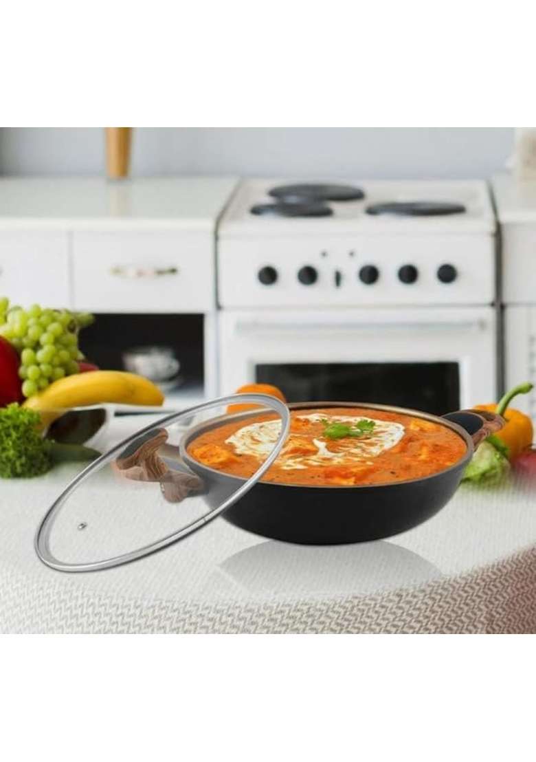 Shri and Sam Shri and Sam Non-Stick Aluminium Kadhai Wok with Glass Lid Eliza | 28 cm | 11 Inch - Indya