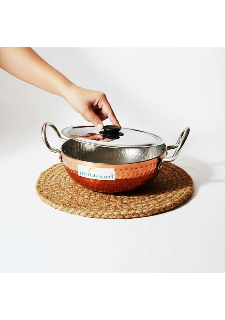 FLIXBLOOM Hammered Kadai Wok with Stainless Steel Lid | 2.5 L | 2.6 Qt | Induction Compatible | Food Safe - Indya