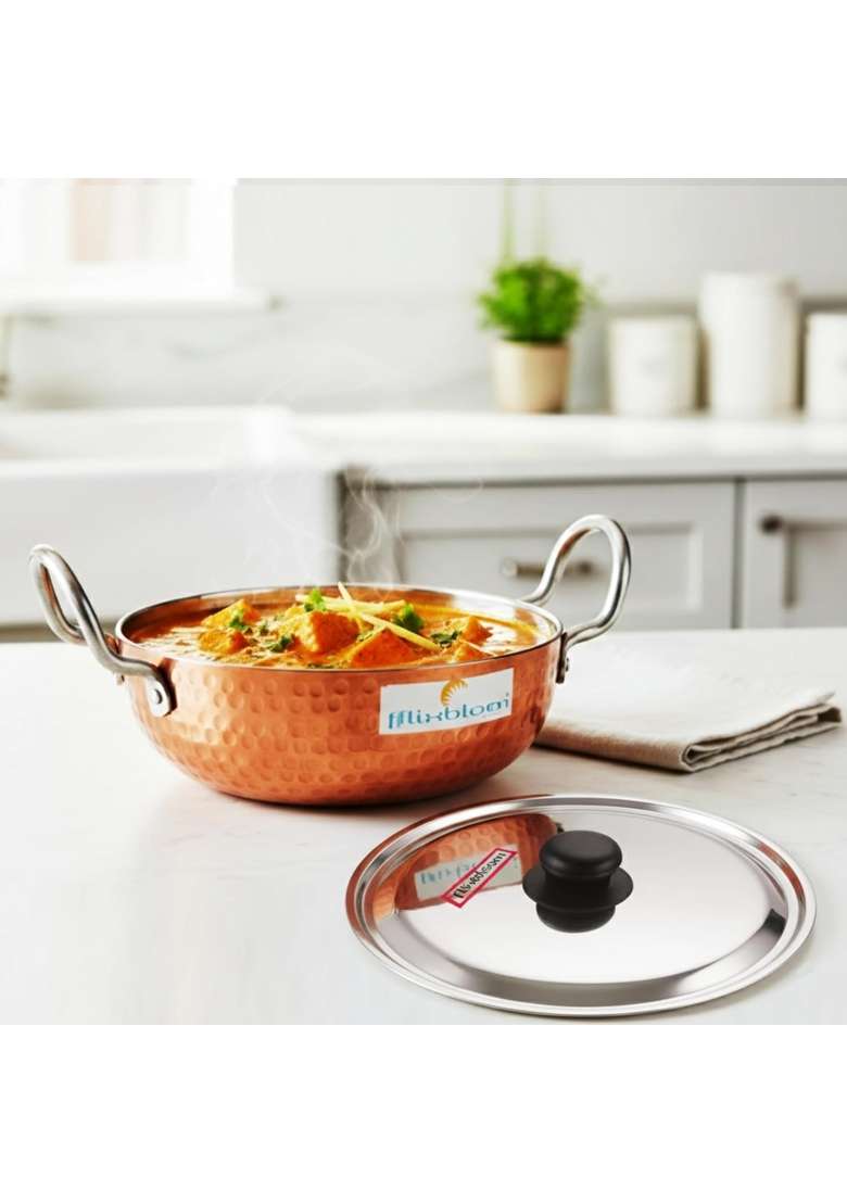 FLIXBLOOM Hammered Kadai Wok with Stainless Steel Lid | 2.5 L | 2.6 Qt | Induction Compatible | Food Safe - Indya